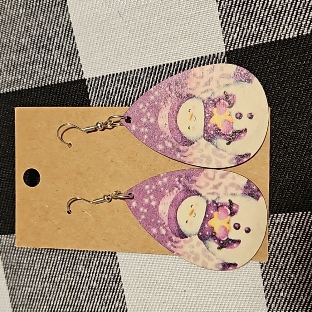 Vintage looking Wooden Snowman earrings 2 1/2in NEW